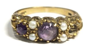 Vintage.  375 9ct Yellow Gold Round Amethyst & White Pearl Ring,  M,  3.  30g - T04