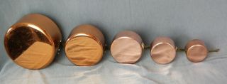 Set Of 5 Vintage French Copper Pans 7 - 16cm Tin Lined Copper Saucepans