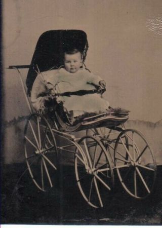 1860s Tintype Photo Smiling Baby In Ornate Carriage Sixth Plate