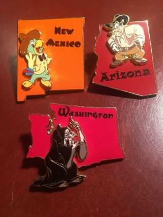 3 Disney State Character Pins - Jose Carioca,  Pete,  Wicked Witch