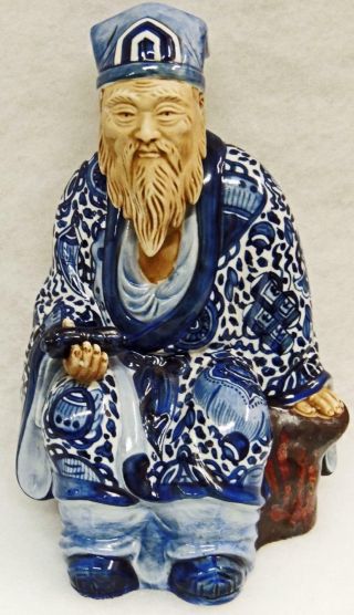 Vintage Chinese Shiwan Glazed Mud Figurine " Jurojin " God Of Longevity,  11 "