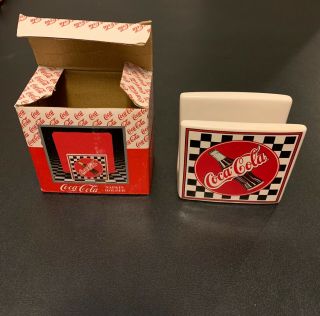 1995 Ceramic Coca Cola Coke Retro Diner Salt & Pepper Shaker Set & Napkin Holder