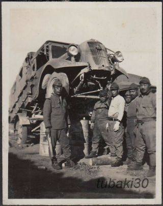 F17 China Inner Mongolian Traveling Japan Army Convoy 1930s Photo Truck Repair