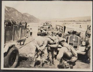 F16 China Inner Mongolian Japan Army Convoy 1930s Photo Trucks Across The River