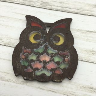 Vintage Taiwan Cast Iron Stained Glass Owl Kitchen Trivet 2
