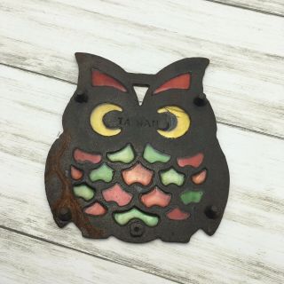 Vintage Taiwan Cast Iron Stained Glass Owl Kitchen Trivet 3