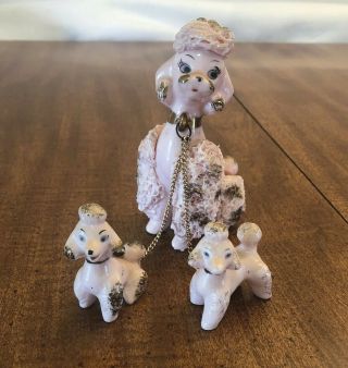 Vintage Pink Spaghetti Trim Large Poodle Dog With 2 Pups On A Chain