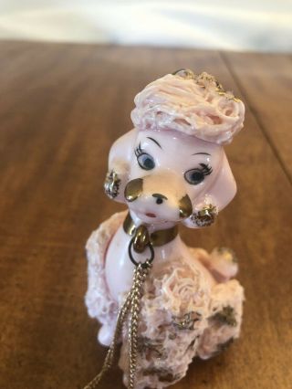 VINTAGE PINK SPAGHETTI TRIM LARGE POODLE DOG WITH 2 PUPS ON A CHAIN 3