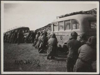 F2 China Inner Mongolian Japan Army Convoy 1930s Photo Pull Up Bus Hard Road