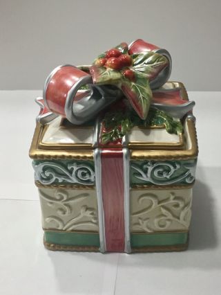 Fitz & Floyd Enchanted Holiday Christmas Trinket Box W/ Lid Bow Retired 5.  25”
