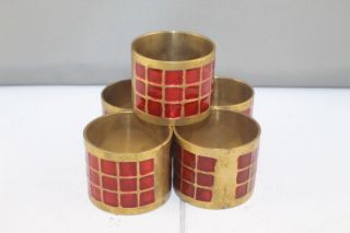 Vintage Set Of 5 Brass And Red Enamel Napkin Rings