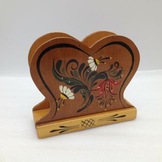Vintage Folk Art Wood Napkin Bill Holder Hand Painted Floral Pattern Heart Shape