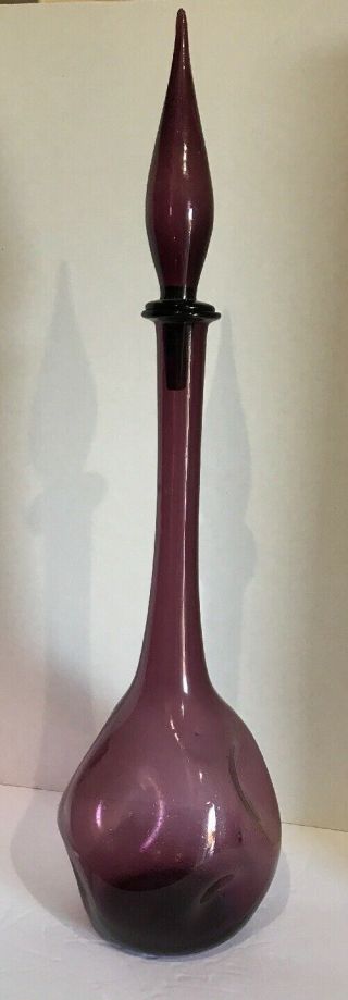 Vintage Mid Century Art Glass Purple Pinch Decanter With Flame Stopper 24.  5” Mcm
