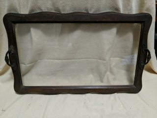 Vintage Wood And Glass Tea Tray With Metal Handles