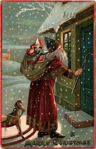 Antique Postcard Father Christmas At The Door With Rocking Horse Snowfall 1910