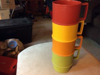 Tupperware 4 Vtg Harvest Coffee Mug Cups Stackable Yellow Green Red Tan 1312