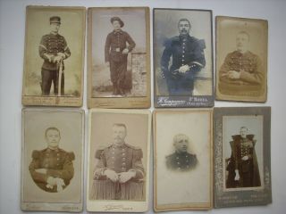 8 Miniature French Cdv / Cabinet Cards,  Photos Men In Uniforms,  Soldiers Etc