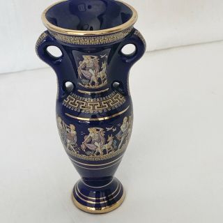 Greek Vtg Vase Hand Made In Greece 24k Gold Accents Cobalt Porcelain