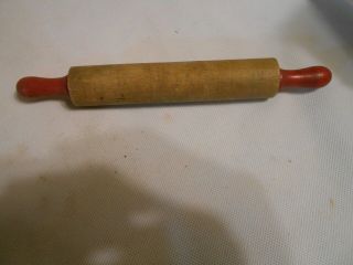Vintage Small Childs Wood Wooden Rolling Pin With Red Handles