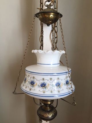 Antique Vtg Gwtw Milk Glass Floral Design Hanging/swag Hurricane Lamp Chandelier