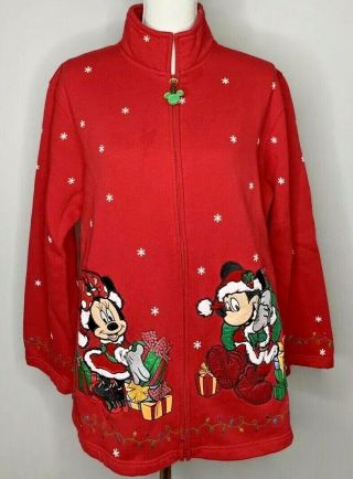 Womens Disney Parks Red Mickey Minnie Donald Zip Christmas Sweatshirt Jacket 1x