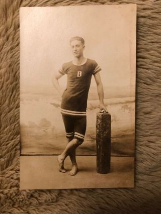 Early 1900s Rppc Handsome Man Swimsuit Muscle Atlantic City Gay Studio Pose Feet