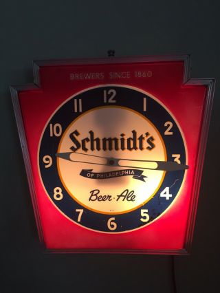 Vintage 1950s Schmidt’s Beer Embossed Lighted Brewery Advertising Clock Sign
