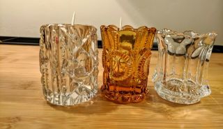 3 Vintage Cut Pressed Clear & Amber Glass Toothpick Holders