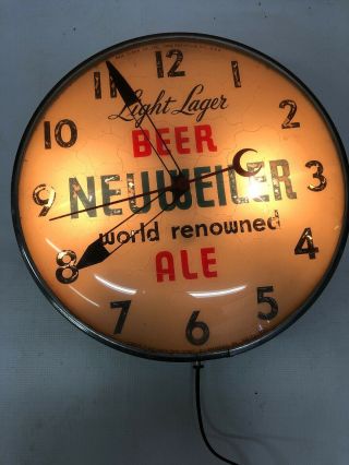 Vintage Neuweiler Light Lager Beer Ale Pam Clock Advertising Sign Allentown Pa
