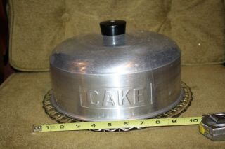 Vintage Cake Saver Glass Plate W/ Aluminum Cover Word Cake Embossed