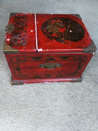 Vintage Chinese Red Jewelry Box With Brass And Painted Decorations