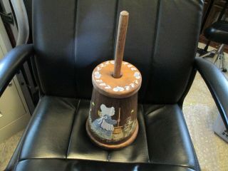 Table Top Wooden Butter Churn With Lid And Dasher Hand Painted