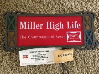 Vintage 1960s Miller High Life Beer Bar Stained Glass Look Light Up Sign,