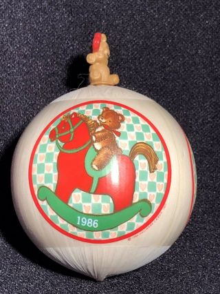 1986 Hallmark Baby ' s First Christmas satin ball ornament w/bear topper 2