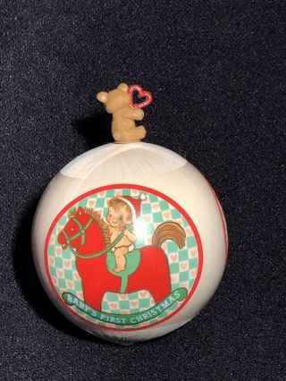 1986 Hallmark Baby ' s First Christmas satin ball ornament w/bear topper 3