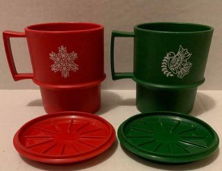 Tupperware 2 Vintage Christmas Coffee Mug Red & Green 1312 Lid Coaster 1313