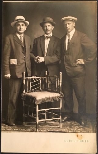 Studio Real Photo Postcard Rppc Three Men & Empty Chair Two Men Hold Hands