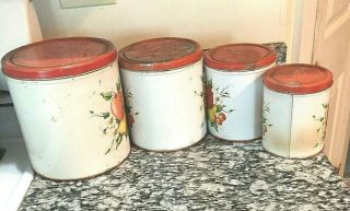 Vintage Four Piece Metal Canister Set With Apple Pear Pattern w/ Bonus Canister 2