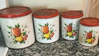 Vintage Four Piece Metal Canister Set With Apple Pear Pattern w/ Bonus Canister 3