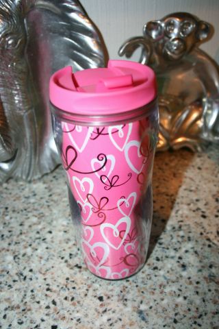 Starbucks 2006 Insulated Coffee Travel Mug Cup Tumbler Pink W/ Red White Hearts