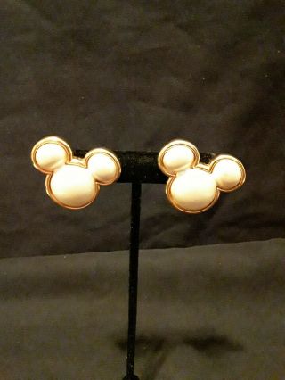 Vintage Disney Mickey Mouse Faux Pearl Gold Tone Clip On Earrings Signed