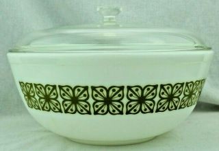 Vintage Pyrex Green Square Flower 4 - Quart Mixing Bowl White 404 With Glass Lid