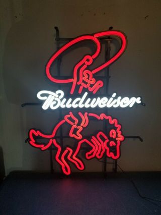 Budweiser Beer Bull Riding Cowboy Led Light Up Sign Western Bar Game Room