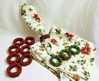 4 Longaberger Christmas Holiday Poinsettia Fabric Napkins & Beaded Napkin Ring