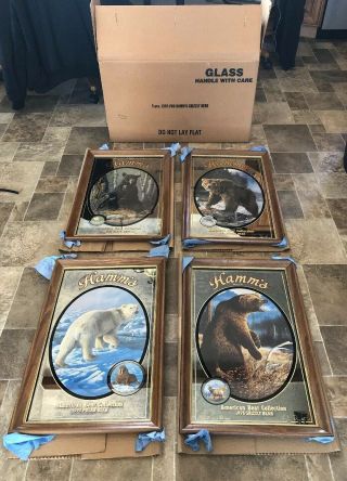 (vtg) Hamms Beer Wildlife Series Complete Set Of 4 Wood Frame Mirrors Mib
