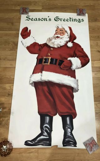 Vintage 40 - 50’s Season’s Greetings Santa Claus Matte Store Display Poster Cola