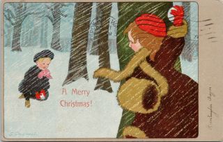 A Merry Christmas Children Snowballs Huntington Or Caspari Signed Postcard F9