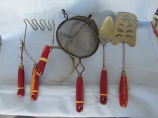 6 Vintage Wood Red Handled Kitchen Utensils Masher Can Opener Spatula Pastry