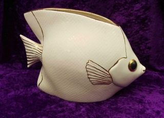 Mid Century Modern Large White Gold Trim Glazed Ceramic Fish Planter