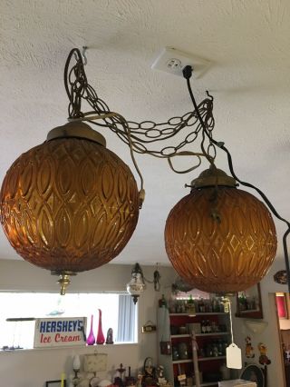 2 Vintage Mcm Amber Glass Round Hanging Swag Hanging Ceiling Lamp Lights
